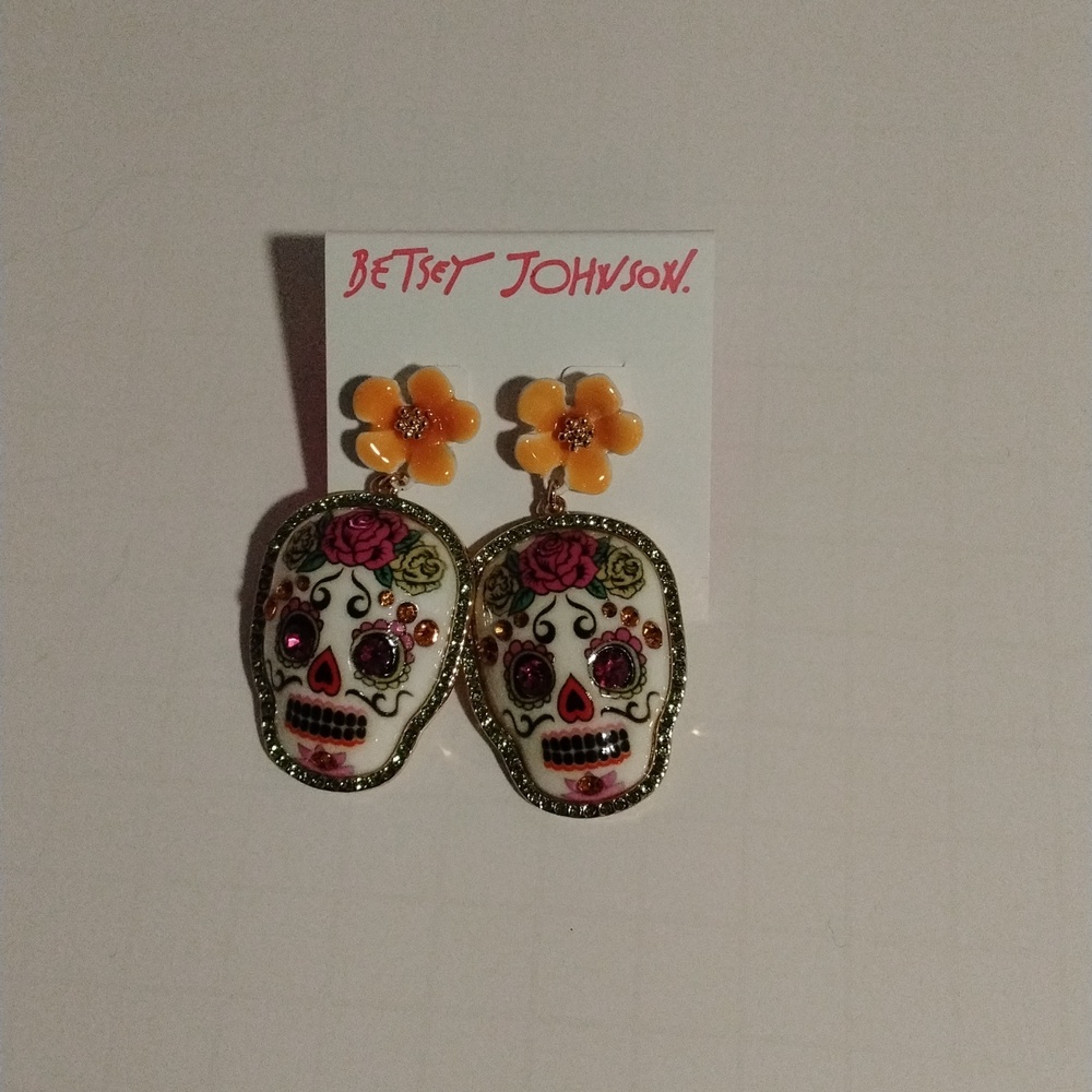 Betsey Johnson Floral Sugar Skull Earrings - Pink and Orange